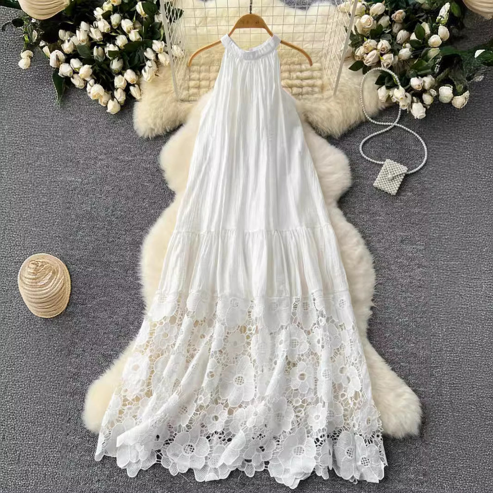 White fairy dress 2024 summer new arrival - high-end sleeveless halter neck lace patchwork loose elegant maxi dress