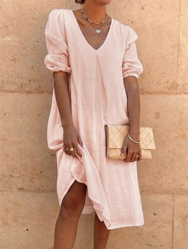 european and american cross-border   cotton linen solid color fashion mid-length long sleeve casual midi dress