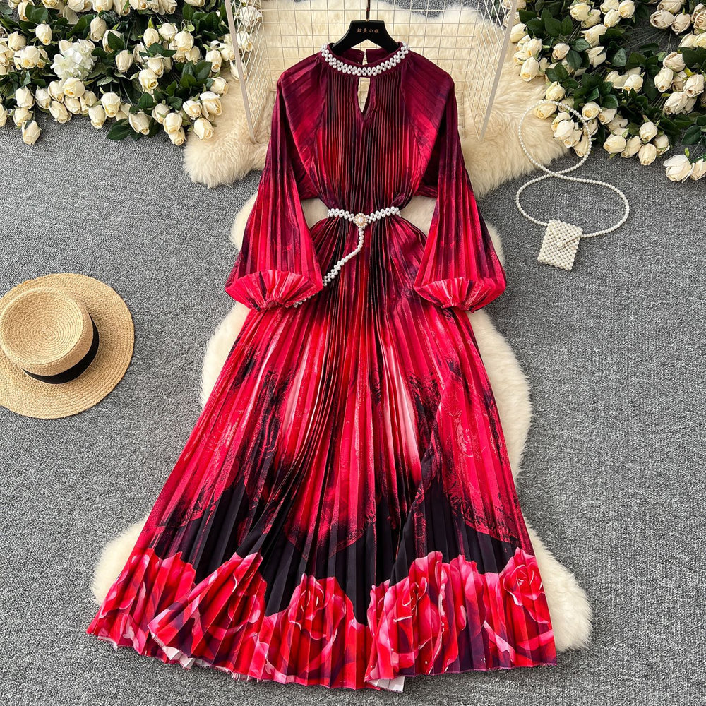 European and american style high-end round neck beaded lantern sleeve pearl belt waist-defining elegant long printed pleated dress