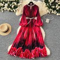 European and american style high-end round neck beaded lantern sleeve pearl belt waist-defining elegant long printed pleated dress