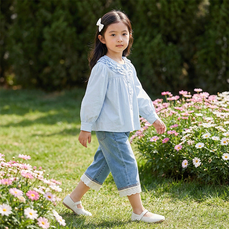 Spring new girls' long-sleeve lace collar shirt - trendy baby girl blouse, stylish kids' top, casual children's clothing