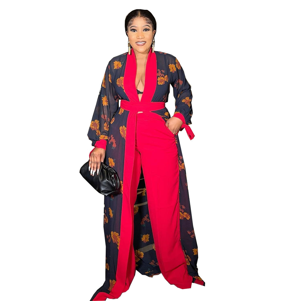 African-inspired digital print slim-fit long shawl robe with solid color knit wide-leg trousers - special offer