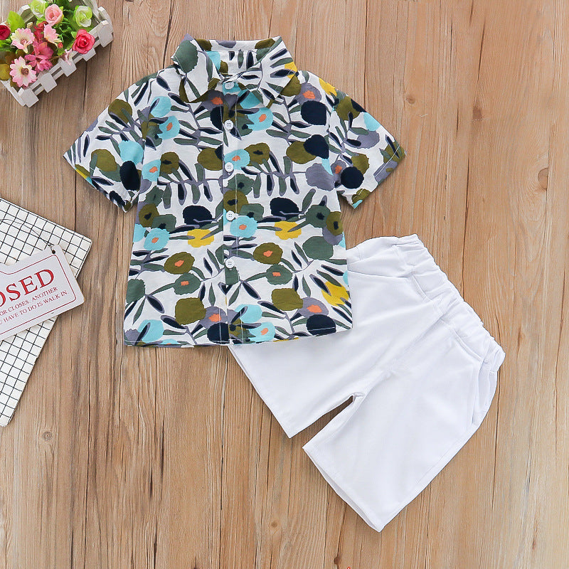 Amazon new spring/summer boys' leaf print short sleeve and shorts set - beach vacation style two-piece outfit