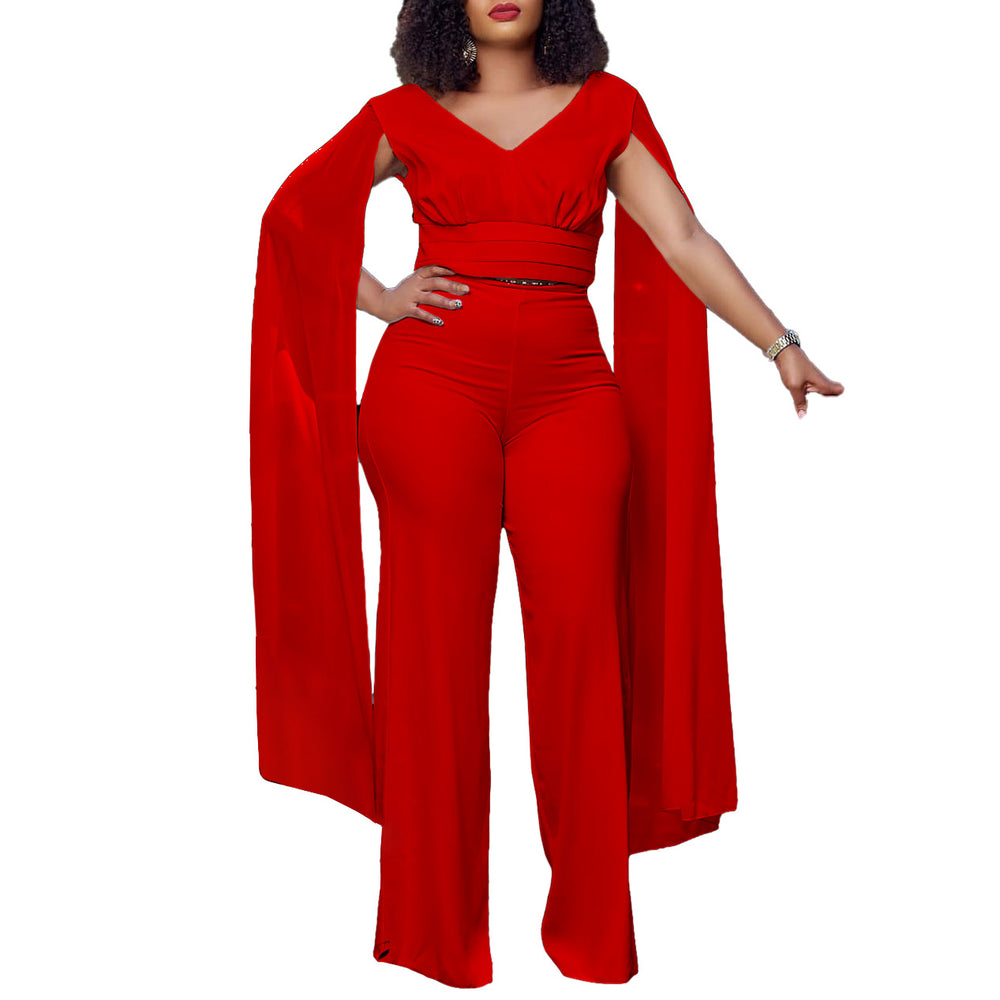 C8561 european and american style fashionable elegant commute v-neck top and wide-leg pants two-piece set, plus size african export outfit