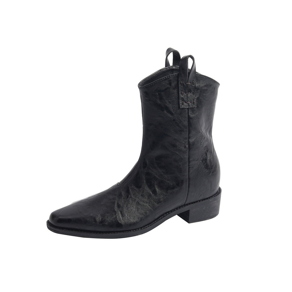 Pointed toe western boots women's high heel chelsea french retro skinny boots chunky heel ruched ankle boots height increasing