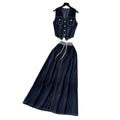 Summer outfit set for women: chic, retro sleeveless v-neck denim vest with high-waisted, flowy midi skirt - two-piece set