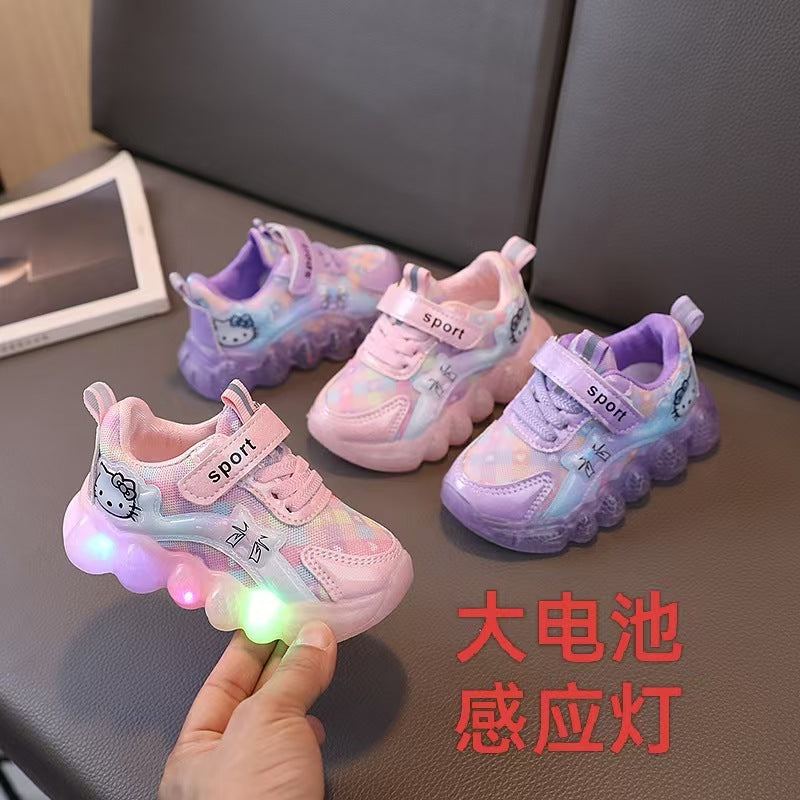 Spring/autumn new cartoon cat light-up sneakers for girls - luminous, breathable mesh casual shoes for toddlers and young children - trendy style
