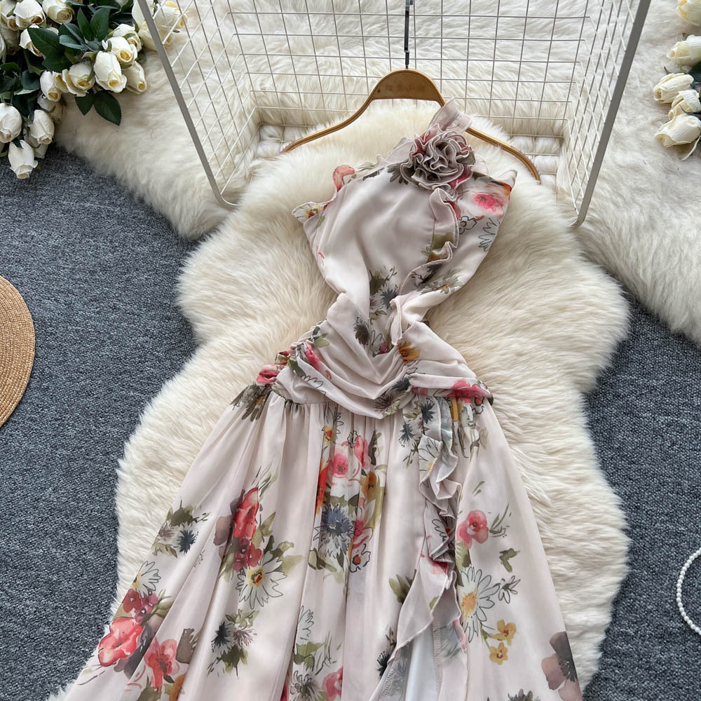 Atmosphere stereo flower halter oblique shoulder suspender dress female french pure desire waist elegant slit floral skirt