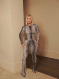 European and american new arrival cross-border fashion trendy snake print slim fit sexy sporty hot long sleeve top and pants set