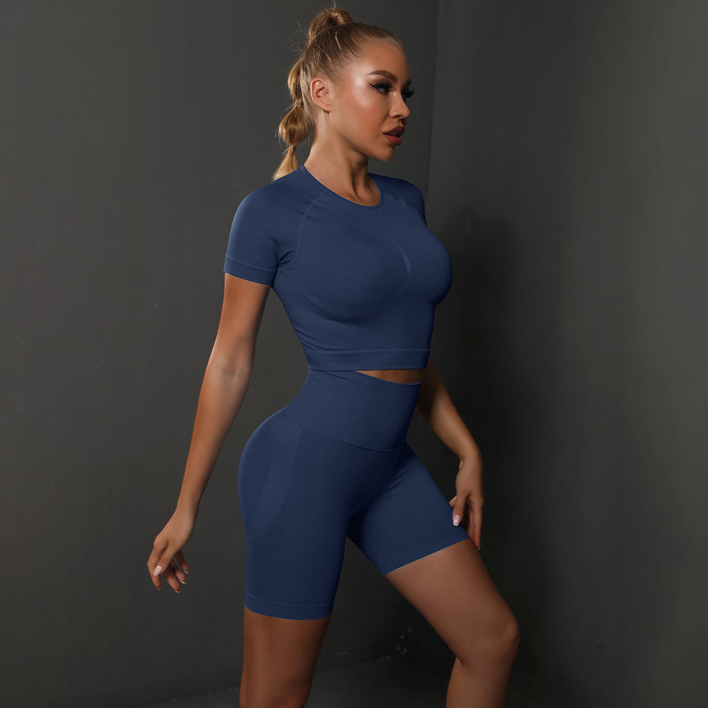 fashion seamless peach butt pure color high elastic yoga short sleeve shortssuitrunning sports fitness two-piece set