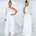 X5675 cross-border   pure colorsexy mesh see-through one-shoulder slanted collar long-sleeved pants jumpsuit for women