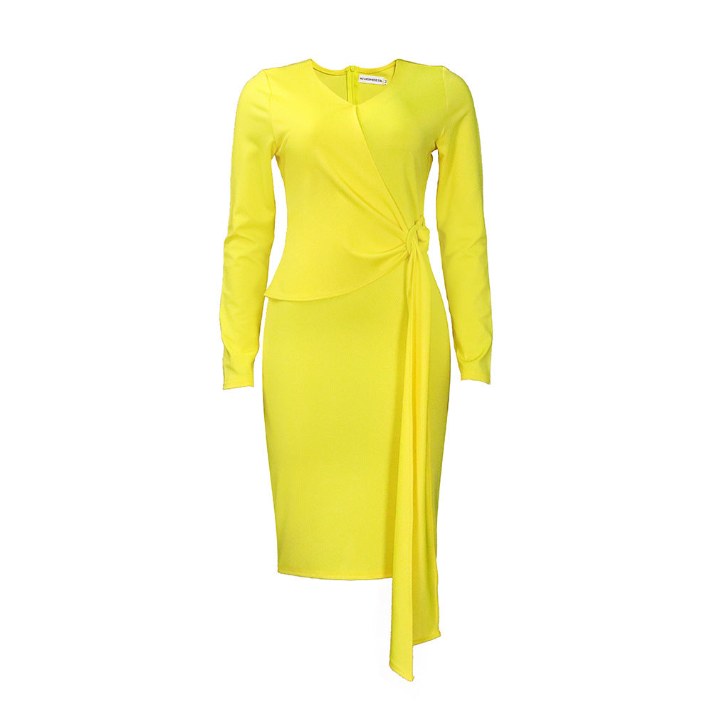 D302 european and american style women's  autumn foreign trade fashion plus size v-neck long sleeve elegant pencil skirt cross-border dress