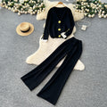 Xiaoxiangfengclassy heavy industry metal buttons v necklong sleevesknittingtops women's high waistloosestraight-leg pantssuit