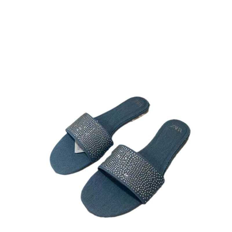 Za summer new 2024 women's shoes blue denim thong sandals with rhinestone embellishments, square toe, open toe, flat heel