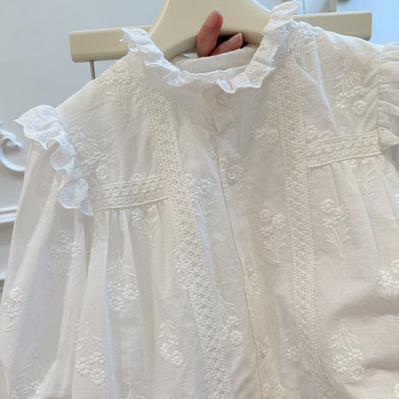 Spring new arrivalgirllong sleevesembroideringshirtbaby girlfashion shirt stylekidstopscasual children's clothing trendy