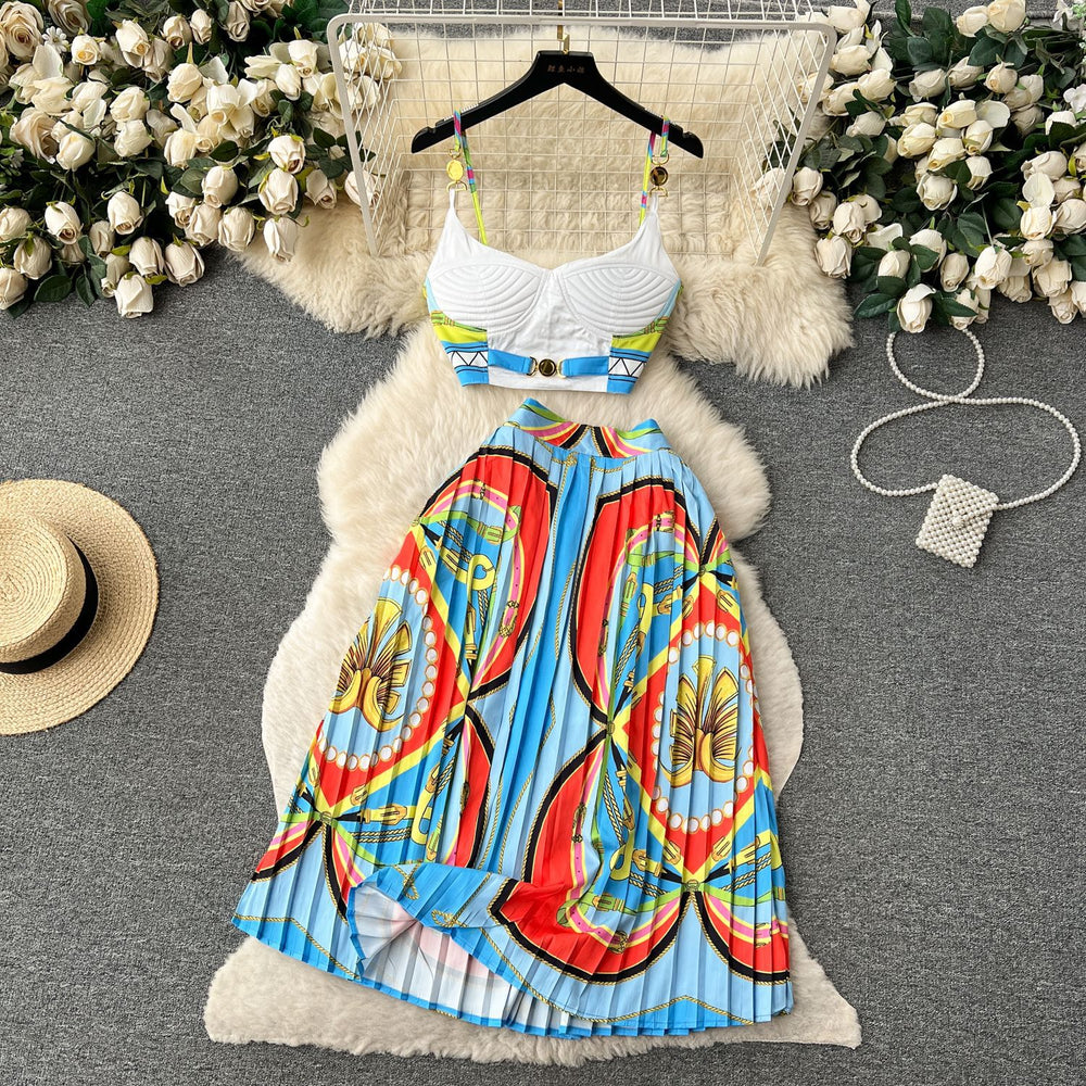 European and american retro court style printed set: women's short french bandeau camisole top + high-waisted pleated midi skirt