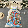 European and american retro court style printed set: women's short french bandeau camisole top + high-waisted pleated midi skirt