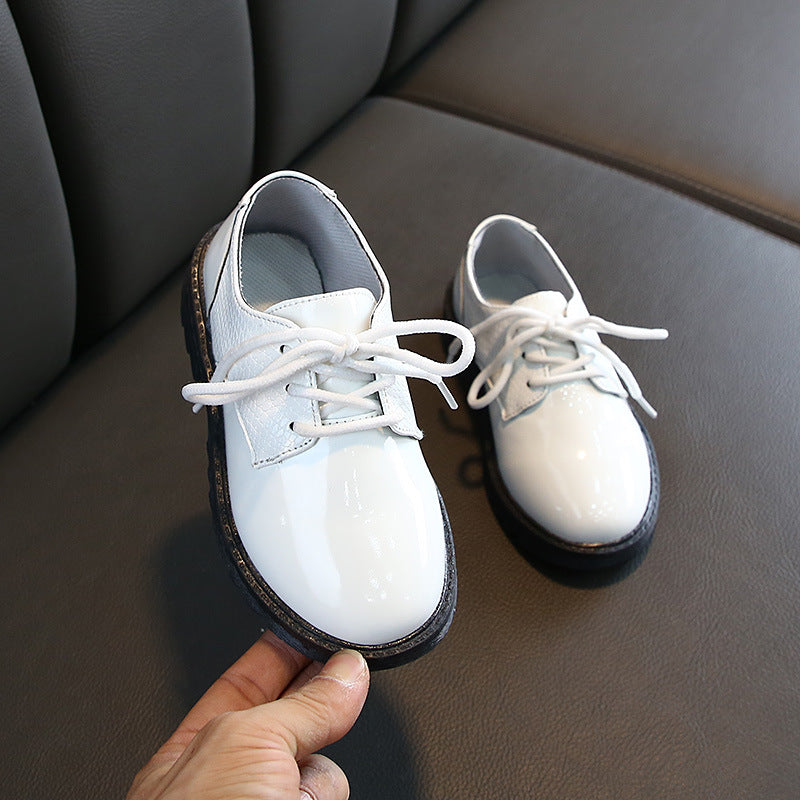 Kids' shiny leather dress shoes - unisex, british style, lace-up, black & white, soft sole, non-slip, perfect for school & performances