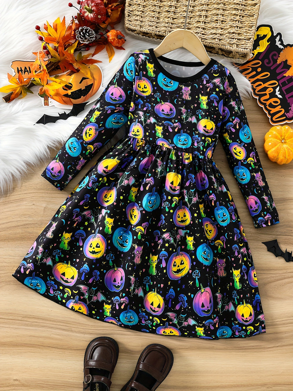 girls' halloween dress - solid color, all-over pumpkin head print, creative glow-in-the-dark party long-sleeve dress for kids