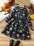 girls' halloween dress - solid color, all-over pumpkin head print, creative glow-in-the-dark party long-sleeve dress for kids