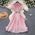 Korean style pink lace hollow-out short sleeve dress - women's summer high-waisted a-line dress - commute-friendly, elegant, and slimming