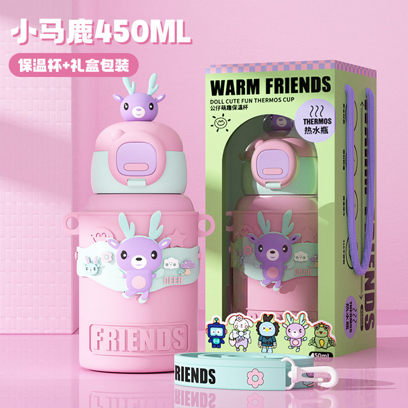 Cute and fun kids' insulated water bottle - 316 stainless steel, food-grade, cartoon design, portable student straw cup