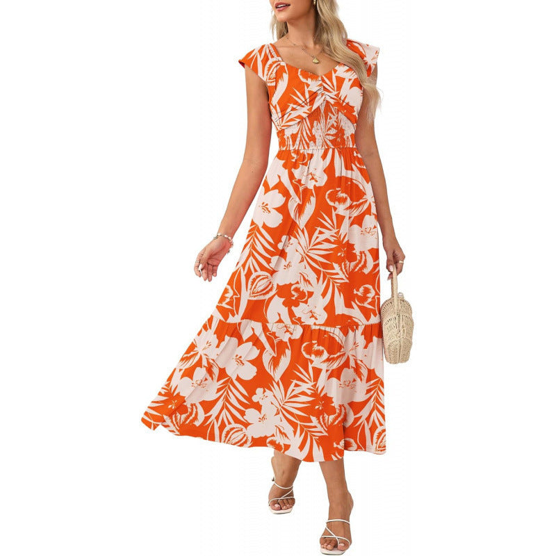Amazon bohemian ruffle sleeve dress women's  summer new floral flowy a-line dress