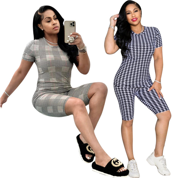5480  European and American fashion casual suit, thousand bird grid printed casual t-shirt, two-piece set of five-point pants, summer