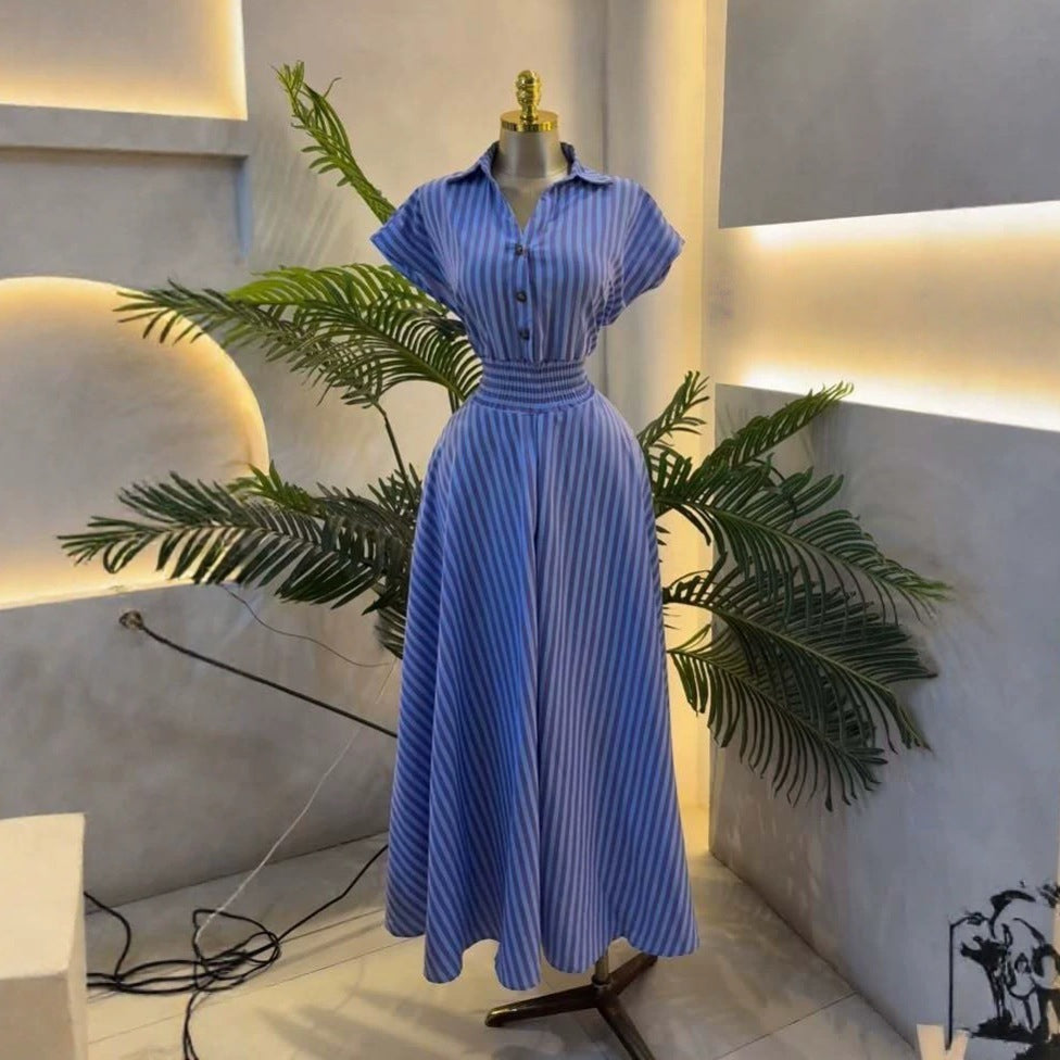 European and american cross-border women's fashion:  summer new arrival - elegant casual striped shirtdress with turn-down collar and cinched waist