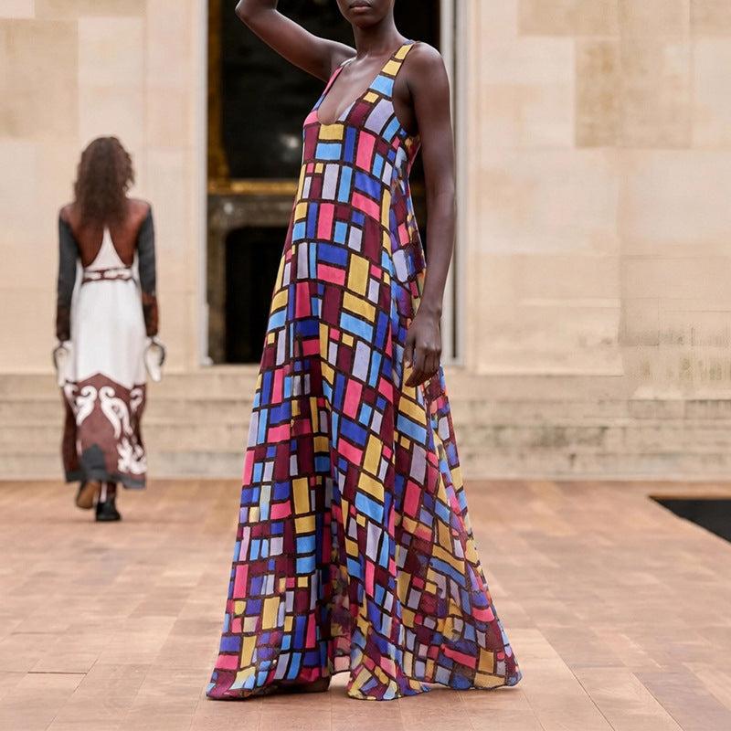 summer new women's fashion: european and american style cross-border dress - stylish and elegant geometric print slip maxi dress