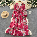 French chic floral print dress - women's v-neck puff sleeve, slimming waist, elegant maxi dress - perfect for vacation