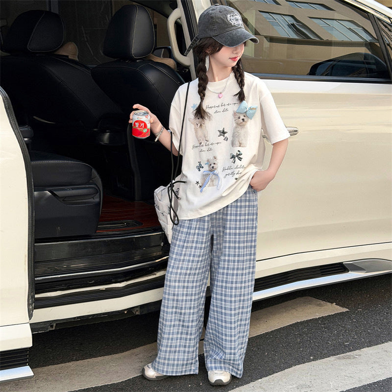 girls' summer wide-leg pants set: short-sleeve plaid t-shirt and pants two-piece outfit for girls, cute and casual