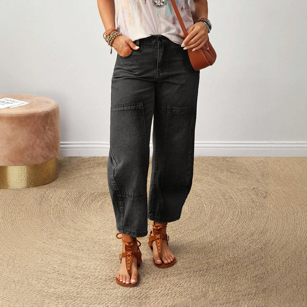 European and american cross-border casual patchwork denim jeans - women's washed loose straight-leg wide-leg pants