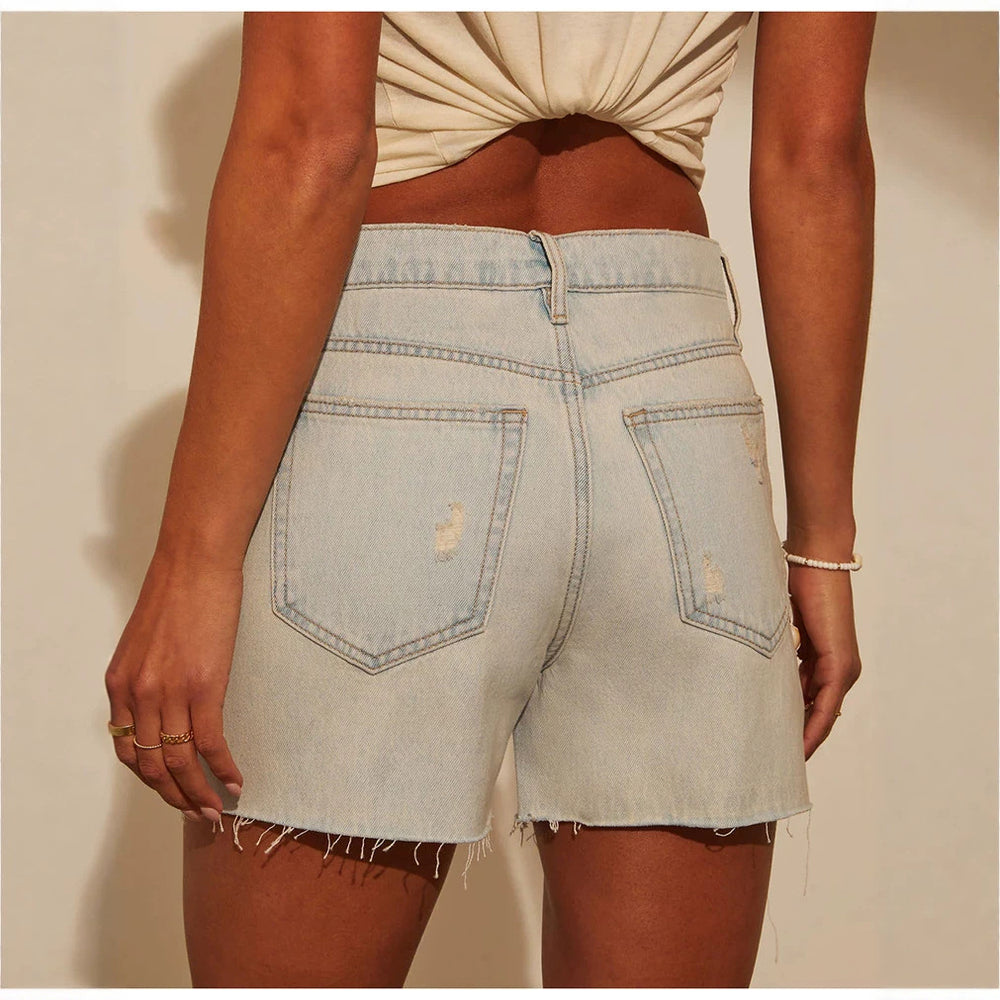 best selling earthy yellow distressed jeans women's back pocket ripped straight-legshorts stretch high waist three-quarter pants