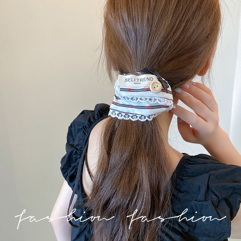 Blue striped lace heart-shaped scrunchie hair tie - korean style hair bun maker - elastic hair band