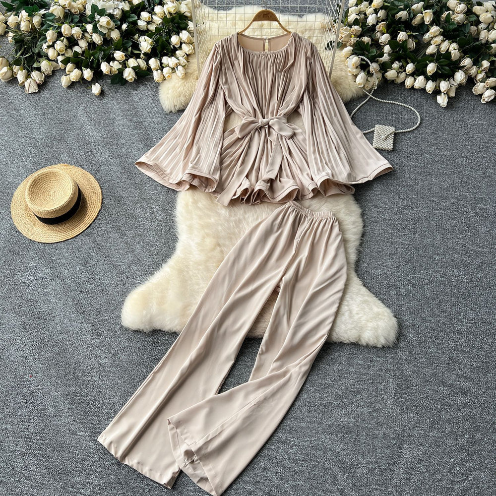 Sophisticated style niche styletwo-piece set women's loose waist tie backflare long sleeves pleated tops+high waistcasualpants