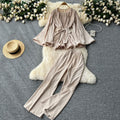Sophisticated style niche styletwo-piece set women's loose waist tie backflare long sleeves pleated tops+high waistcasualpants