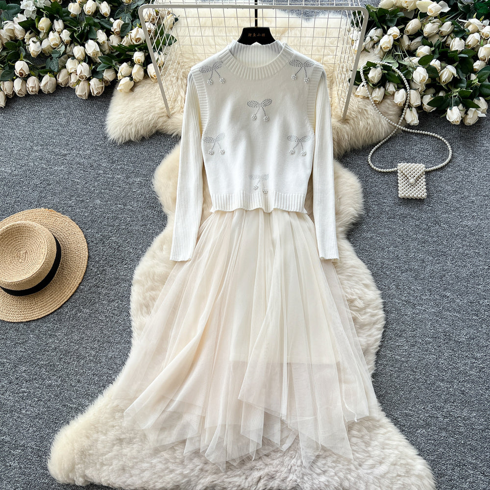 Premium women's fall/winter outfit: cherry rhinestone embellished round neck sleeveless vest + long sleeve knit & mesh panel dress