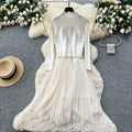 Premium women's fall/winter outfit: cherry rhinestone embellished round neck sleeveless vest + long sleeve knit & mesh panel dress