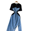Korean style fashionable elegant asymmetrical short sleeve patchwork rhinestone waist denim dress women's summer slit maxi dress