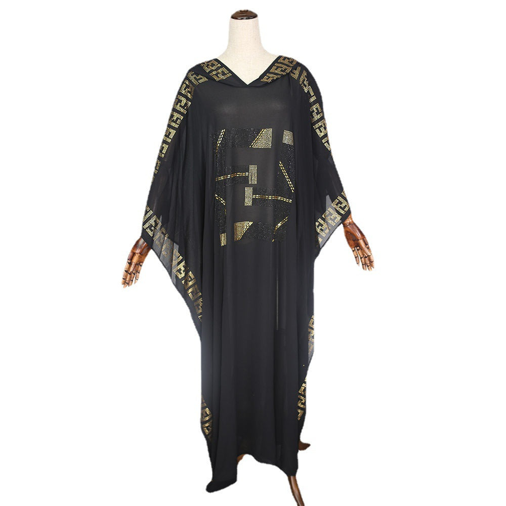 supply  african plus size women's clothing hot diamond chiffon bat sleeve hoodie dress