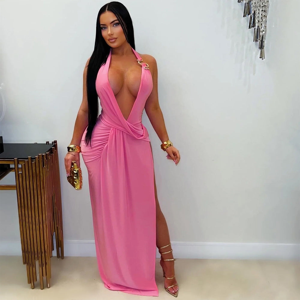 C7715 cross-border   fashion women's sexy deep v halter backless bodycon dress