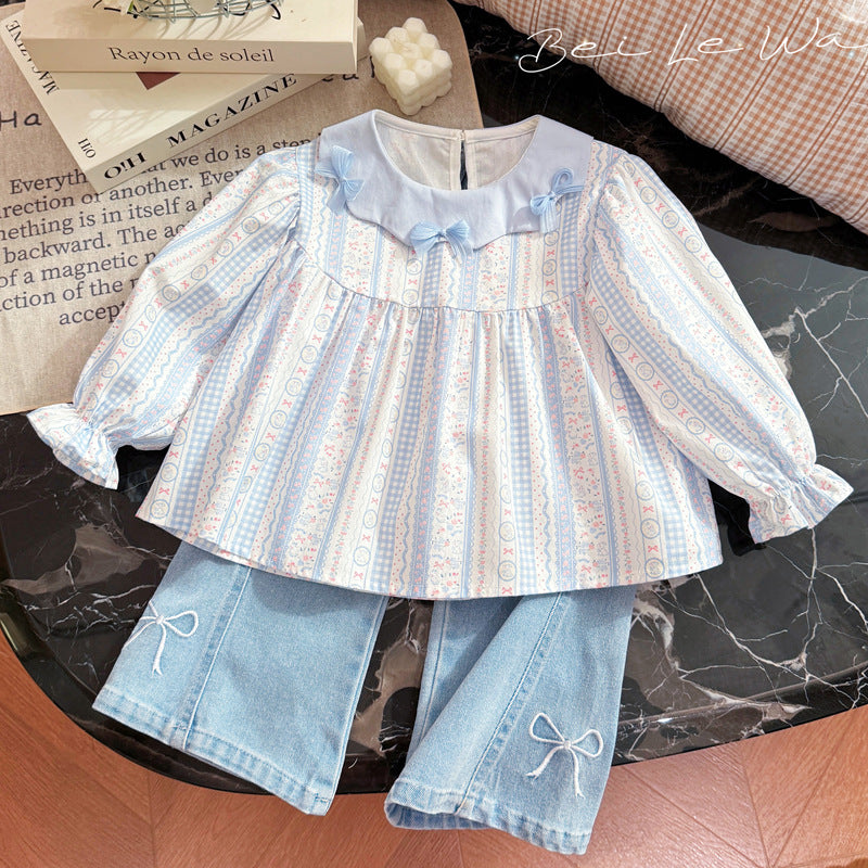 Spring new girls' bowknot lace collar long-sleeve shirt, baby girl blouse, stylish children's top, kids' clothing