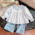Spring new girls' bowknot lace collar long-sleeve shirt, baby girl blouse, stylish children's top, kids' clothing