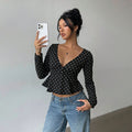 Polka dot v-neck fitted long sleeve t-shirt - women's chic & sexy slimming base layer top - cross-border exclusive
