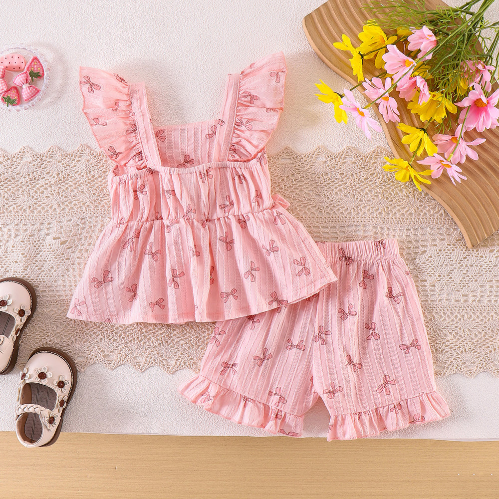 Children's clothing cross-border european and american girls watermelon pattern pink flying sleeve tops+shorts