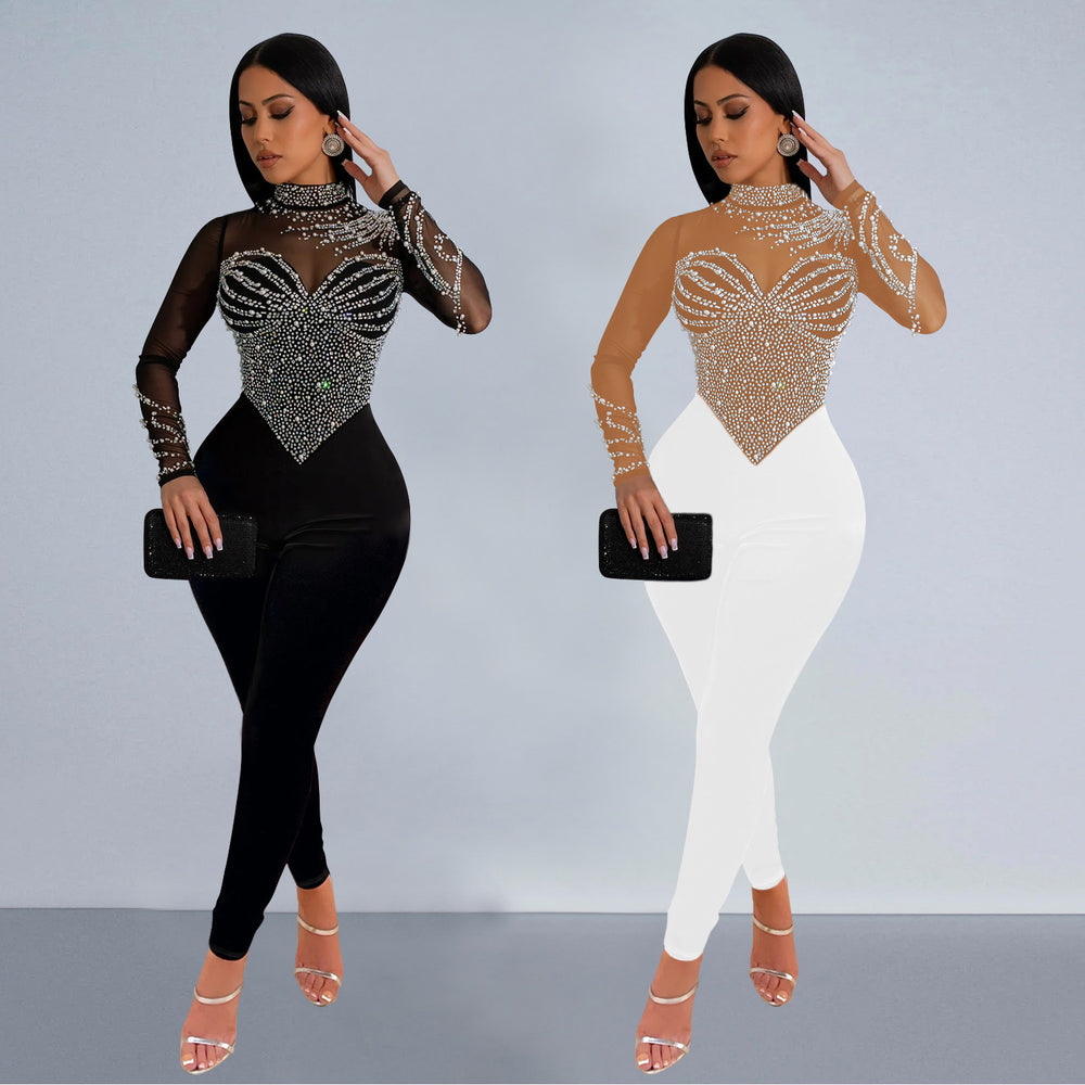 C6912 cross-border   fashion women's solid color mesh rhinestone long sleeve pants jumpsuit