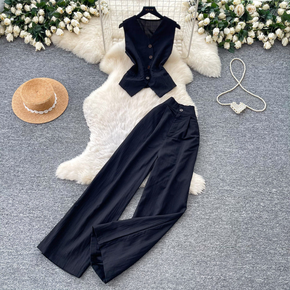 Korean style commute outfit sleeveless v-neck vest two-piece set women's summer high-waisted slimming fashion suit
