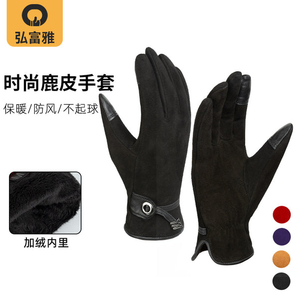 Spot 2025 touch screen thermal gloves women's deerskin fashion model clothing leather gloves outdoor dog walking shopping