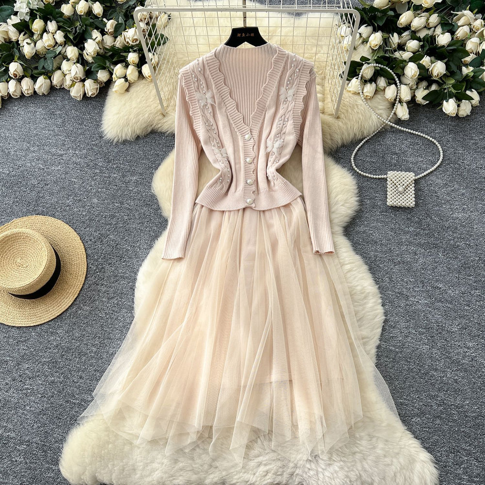 Women's fall/winter layering set: new long-sleeve knit & mesh panel dress + beaded sleeveless vest